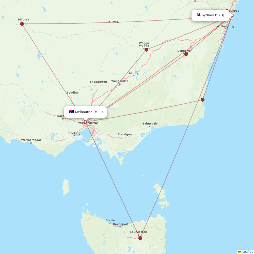SYD to MEL flight route map
