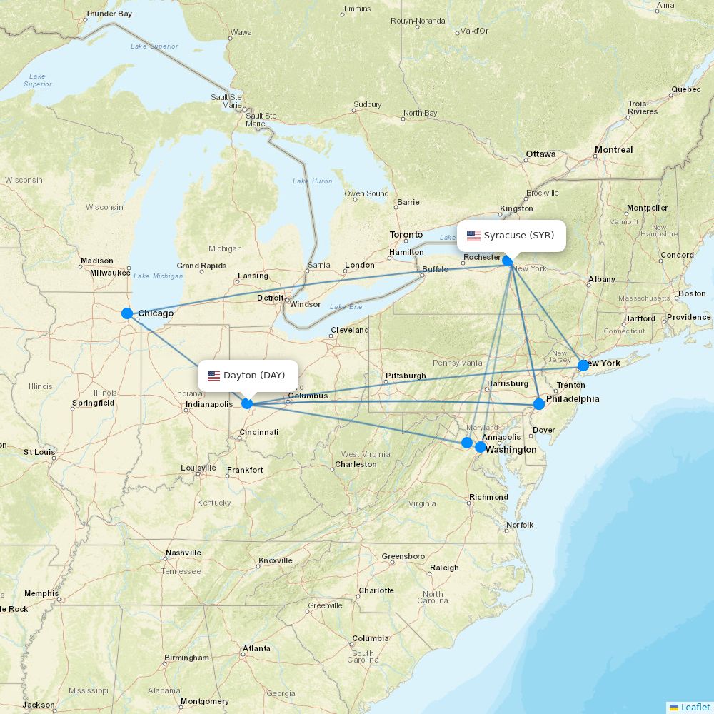 Day Time Route Flights from Syracuse to Dayton, SYR to DAY - Flight Routes