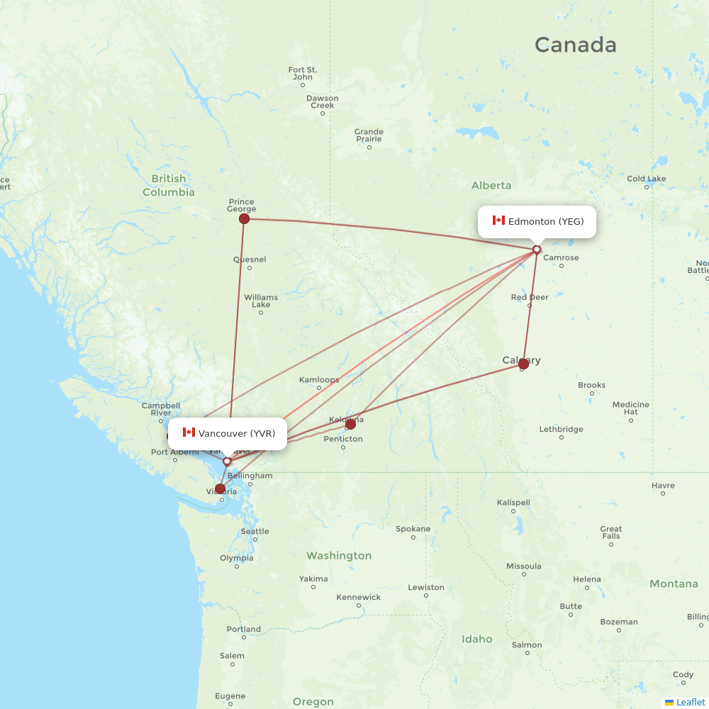 WestJet flights between Vancouver and Edmonton