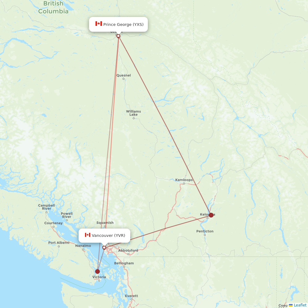 WestJet flights between Vancouver and Prince George