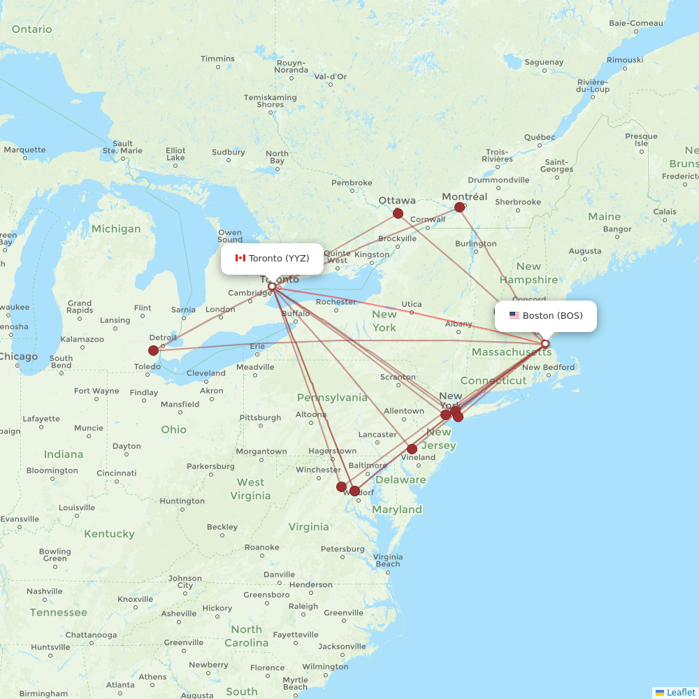 Air Canada flights between Toronto and Boston